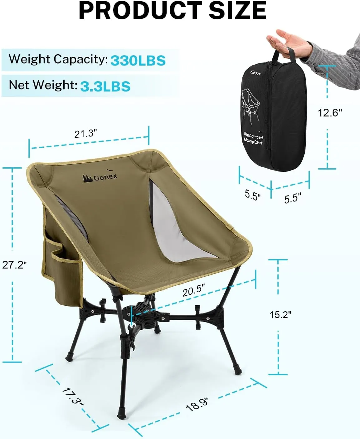 Gonex Portable Camping Chair, The 5th Gen Ultralight Compact Backpacking Foldable Lightweight Folding Chair for Outdoor Camp Hiking Beach Picnic Concert, Supports 330lbs (Khaki, 2PCS)