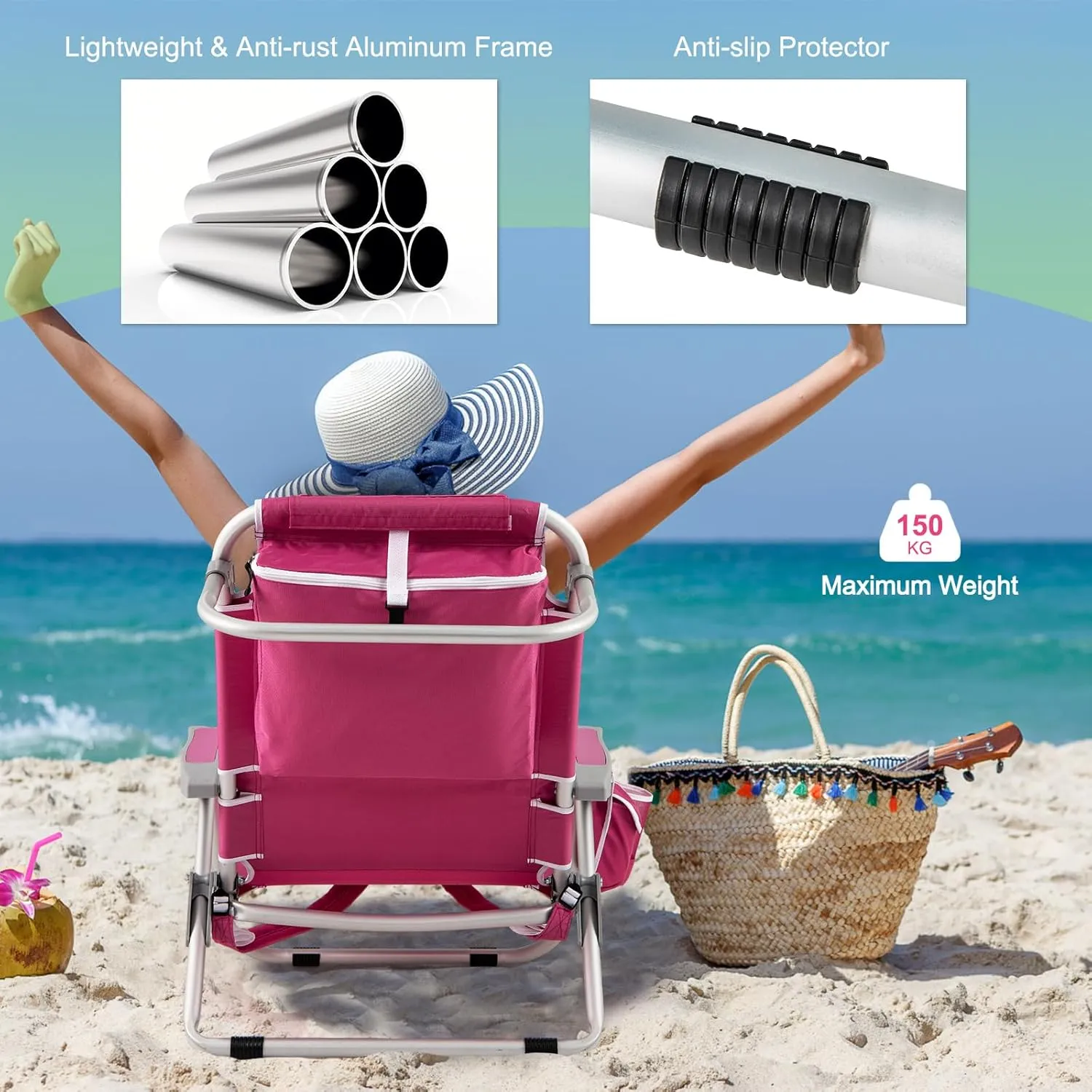 Goplus Beach Chair, 330lbs Folding Backpack Chairs for Adults with 5-Position Backrest, Storage Pockets, Towel Bar & Headrest, Foldable Low Beach Lounge, Portable Aluminum Lay Flat Camping Chair