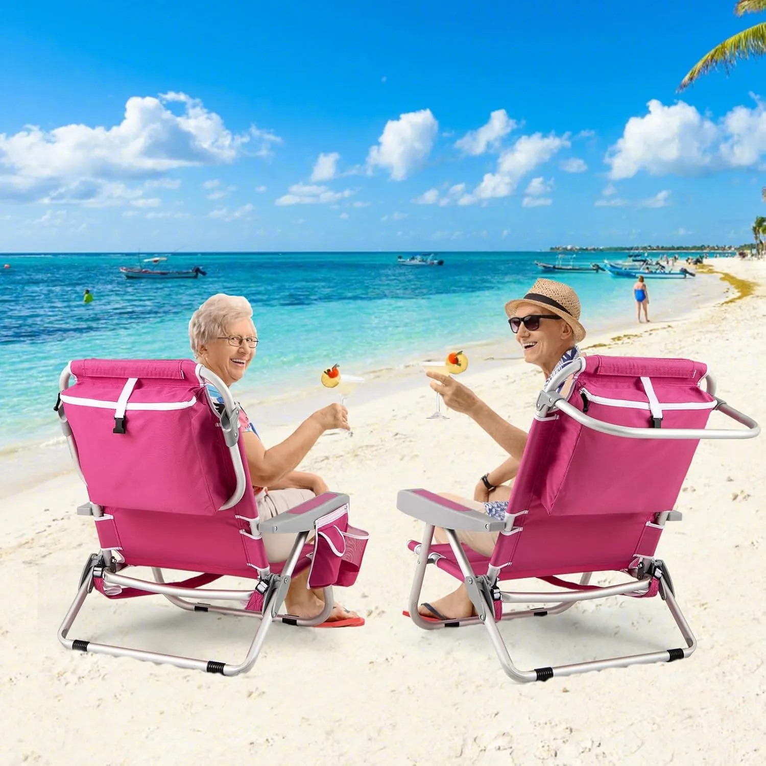 Goplus Beach Chair, 330lbs Folding Backpack Chairs for Adults with 5-Position Backrest, Storage Pockets, Towel Bar & Headrest, Foldable Low Beach Lounge, Portable Aluminum Lay Flat Camping Chair