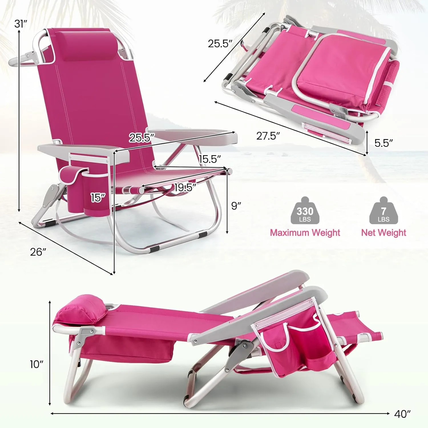 Goplus Beach Chair, 330lbs Folding Backpack Chairs for Adults with 5-Position Backrest, Storage Pockets, Towel Bar & Headrest, Foldable Low Beach Lounge, Portable Aluminum Lay Flat Camping Chair
