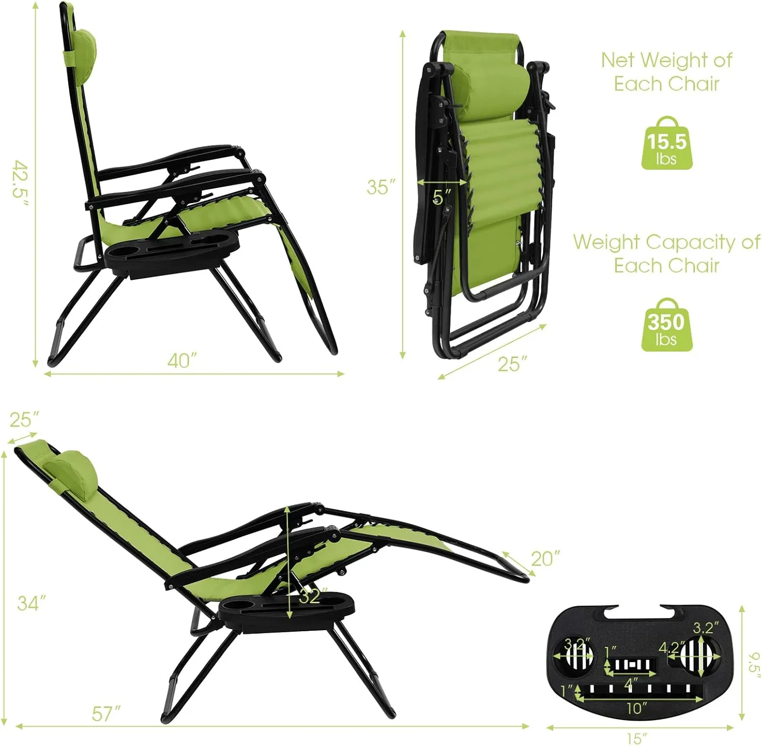Goplus Zero Gravity Lounge Chairs, 160°Adjustable Folding Recliner w/Pillow and Cup Holder, 350LBS Comfy Outdoor Lounge Chairs for Patio, Lawn, Yard & Camp(Set of 2, Green)