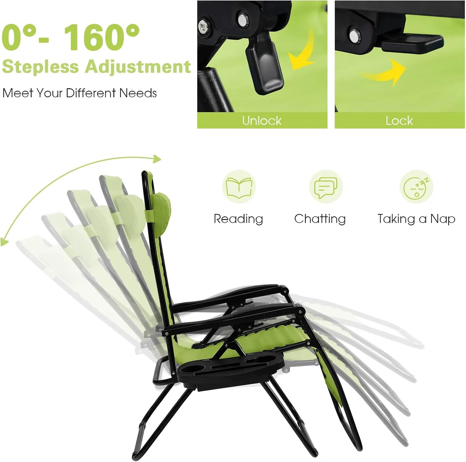 Goplus Zero Gravity Lounge Chairs, 160°Adjustable Folding Recliner w/Pillow and Cup Holder, 350LBS Comfy Outdoor Lounge Chairs for Patio, Lawn, Yard & Camp(Set of 2, Green)