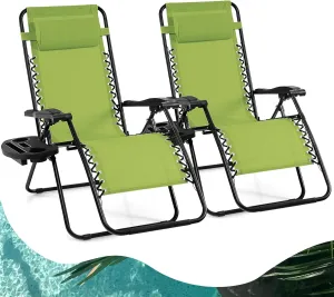 Goplus Zero Gravity Lounge Chairs, 160°Adjustable Folding Recliner w/Pillow and Cup Holder, 350LBS Comfy Outdoor Lounge Chairs for Patio, Lawn, Yard & Camp(Set of 2, Green)