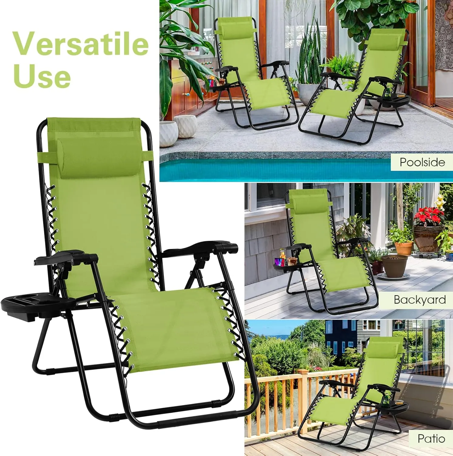 Goplus Zero Gravity Lounge Chairs, 160°Adjustable Folding Recliner w/Pillow and Cup Holder, 350LBS Comfy Outdoor Lounge Chairs for Patio, Lawn, Yard & Camp(Set of 2, Green)