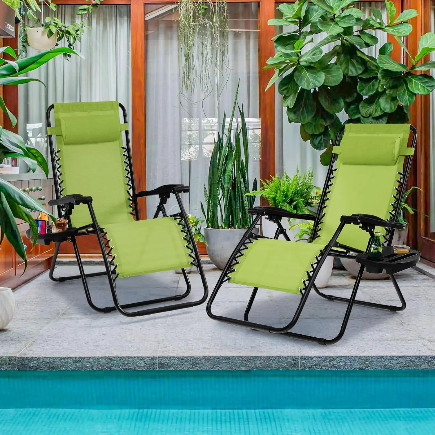 Goplus Zero Gravity Lounge Chairs, 160°Adjustable Folding Recliner w/Pillow and Cup Holder, 350LBS Comfy Outdoor Lounge Chairs for Patio, Lawn, Yard & Camp(Set of 2, Green)