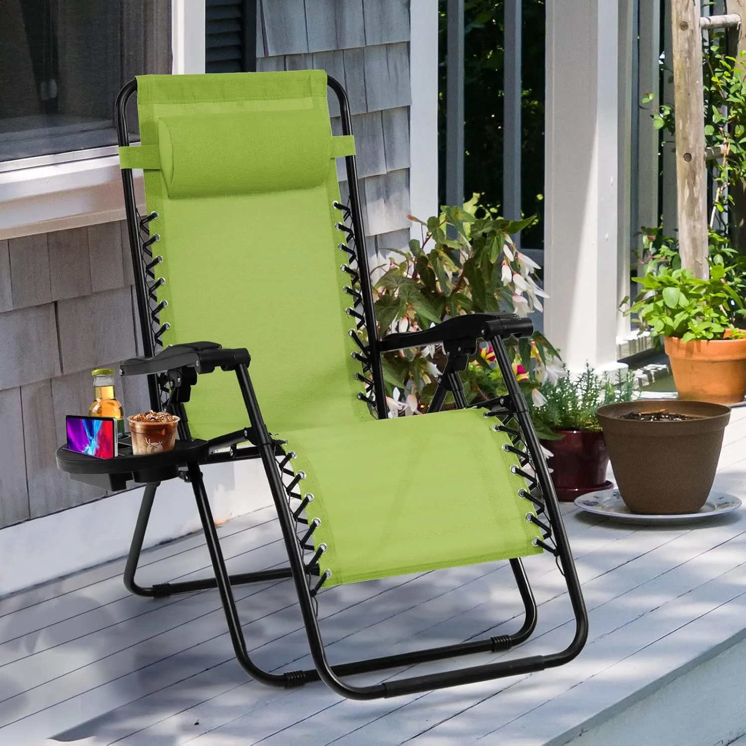 Goplus Zero Gravity Lounge Chairs, 160°Adjustable Folding Recliner w/Pillow and Cup Holder, 350LBS Comfy Outdoor Lounge Chairs for Patio, Lawn, Yard & Camp(Set of 2, Green)