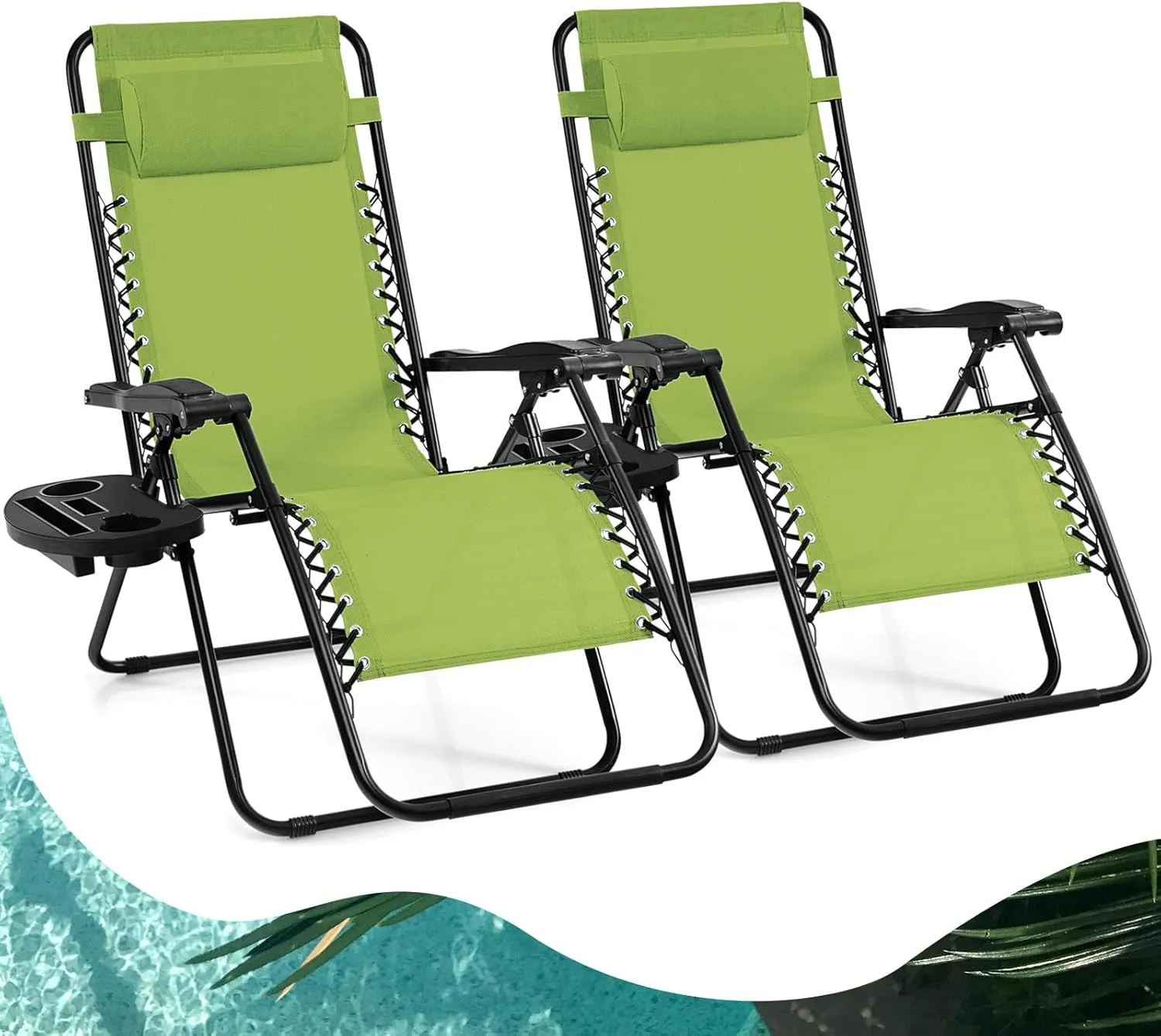 Goplus Zero Gravity Lounge Chairs, 160°Adjustable Folding Recliner w/Pillow and Cup Holder, 350LBS Comfy Outdoor Lounge Chairs for Patio, Lawn, Yard & Camp(Set of 2, Green)