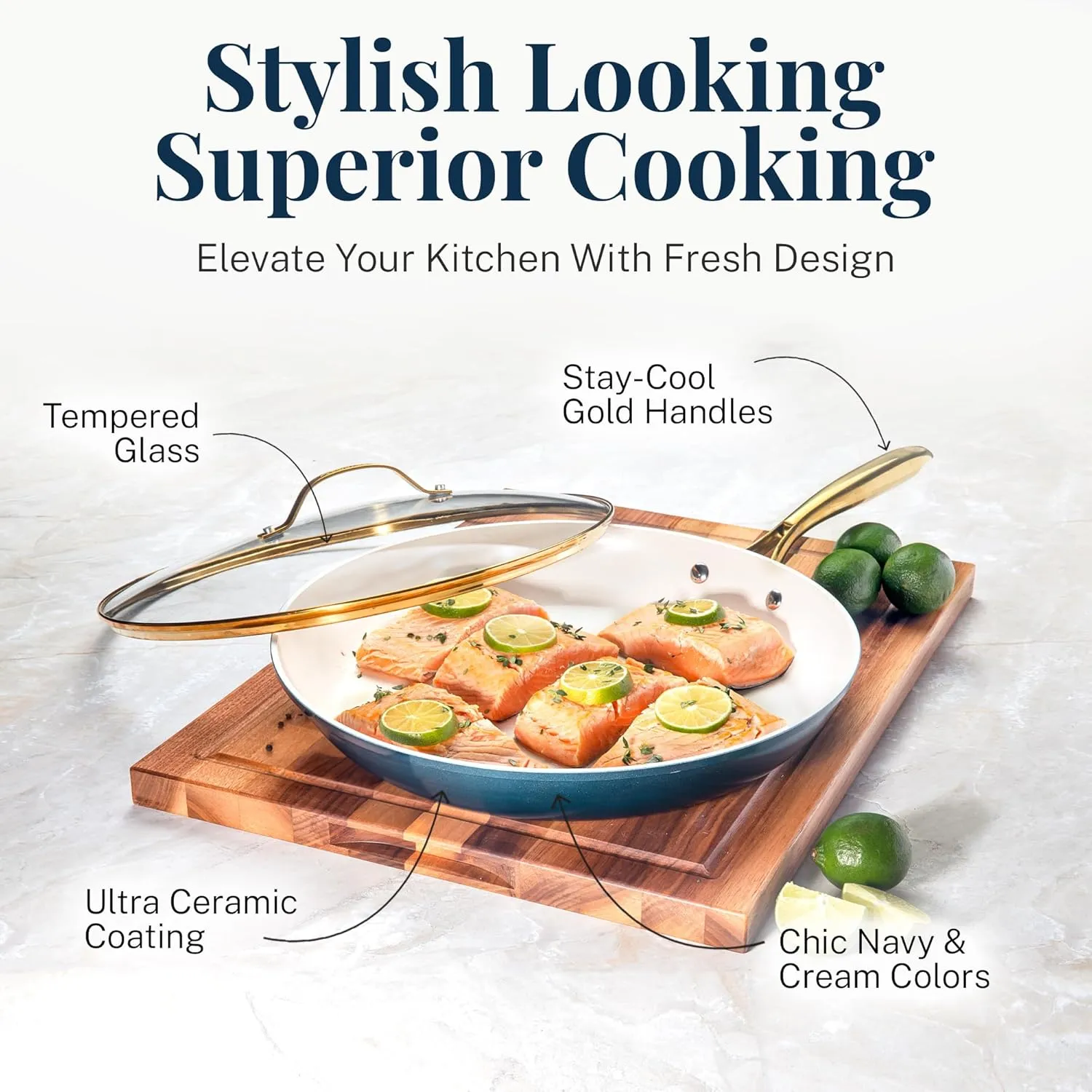 Gotham Steel 15 Pc Ceramic Pots and Pans Set Non Stick, Kitchen Cookware Sets, Pot and Pan Set, Ceramic Cookware Set, Non Toxic Cookware Set, Non Stick Pots and Pan Set, Dishwasher Safe - Navy