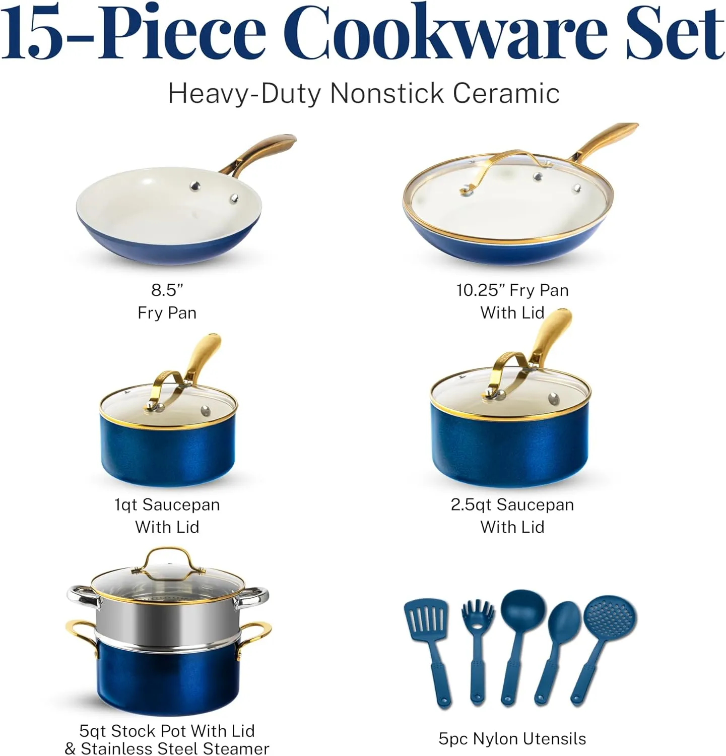 Gotham Steel 15 Pc Ceramic Pots and Pans Set Non Stick, Kitchen Cookware Sets, Pot and Pan Set, Ceramic Cookware Set, Non Toxic Cookware Set, Non Stick Pots and Pan Set, Dishwasher Safe - Navy