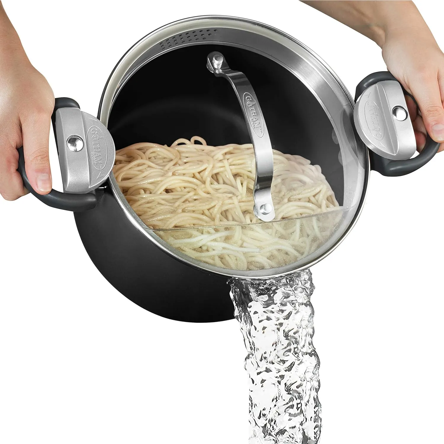 GOTHAM STEEL 5 Qt Ceramic Stock Pot Multipurpose Pasta Pot with Strainer Lid & Twist and Lock Handles, Nonstick Ceramic Pot for Soup, Spaghetti, Rice, Pots for Kitchen, Dishwasher Safe - BLACK