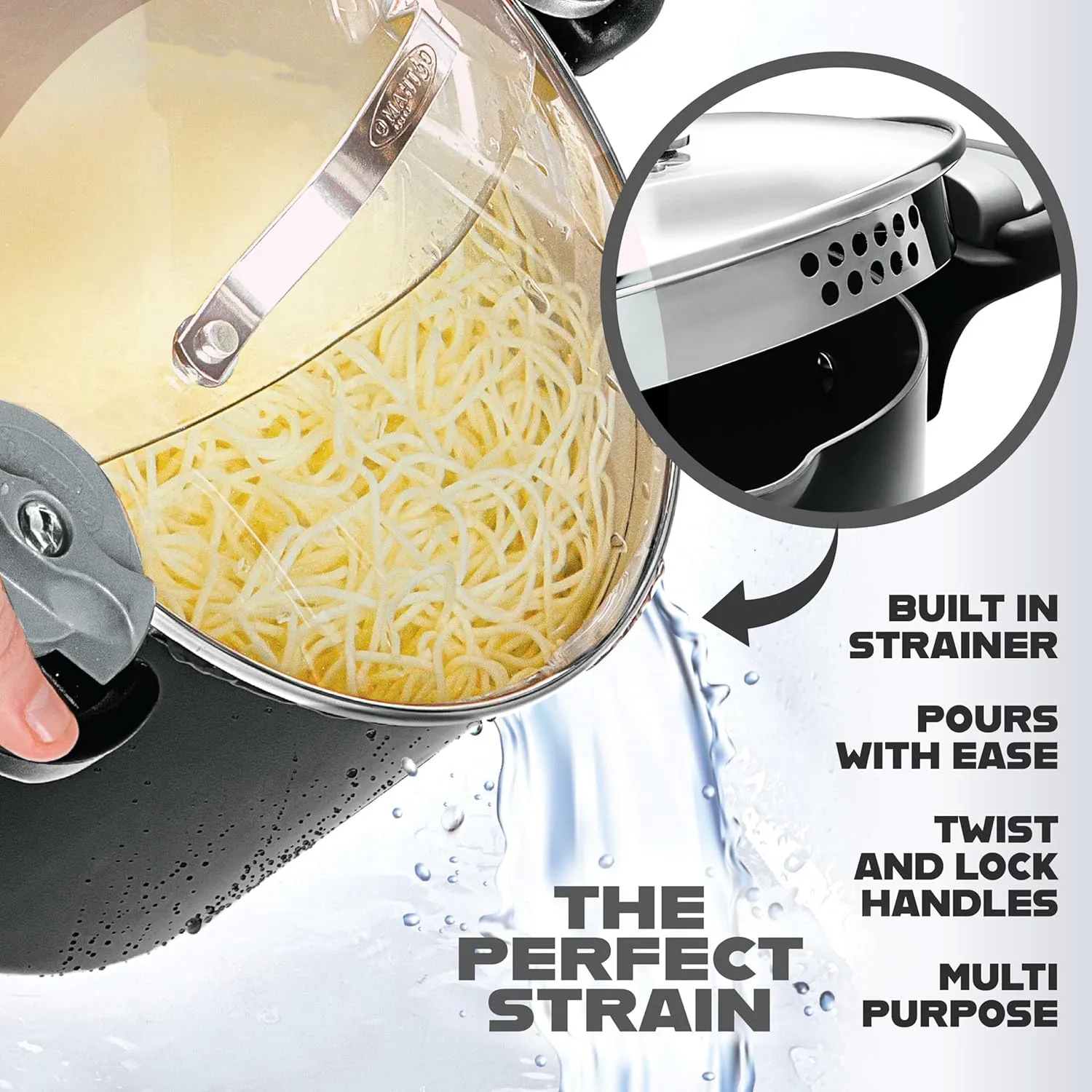GOTHAM STEEL 5 Qt Ceramic Stock Pot Multipurpose Pasta Pot with Strainer Lid & Twist and Lock Handles, Nonstick Ceramic Pot for Soup, Spaghetti, Rice, Pots for Kitchen, Dishwasher Safe - BLACK