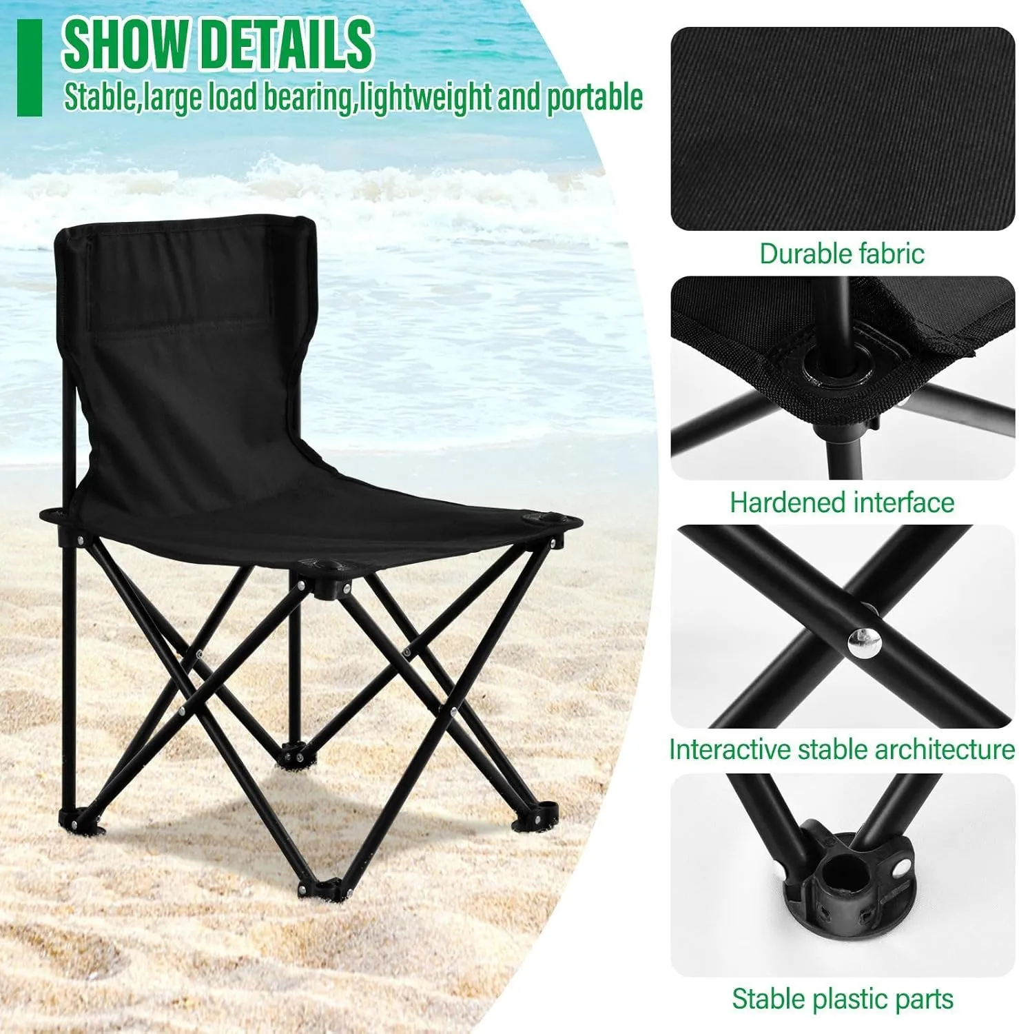 Gredecor Camping Chairs,Black Lightweight and Supportive Chairs and Lightweight Individuals - Compact, Durable, and Portable - Ideal for Camping, Hiking, Beach, and Picnics - Carry Bag