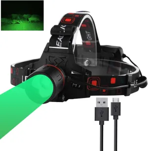 Green LED Headlamp Rechargeable, Greenlight Zoomable Green LED Flashlight, Hands-Free Headlight Torch Lamp for Hunting Hiking Camping Fishing Reading Running