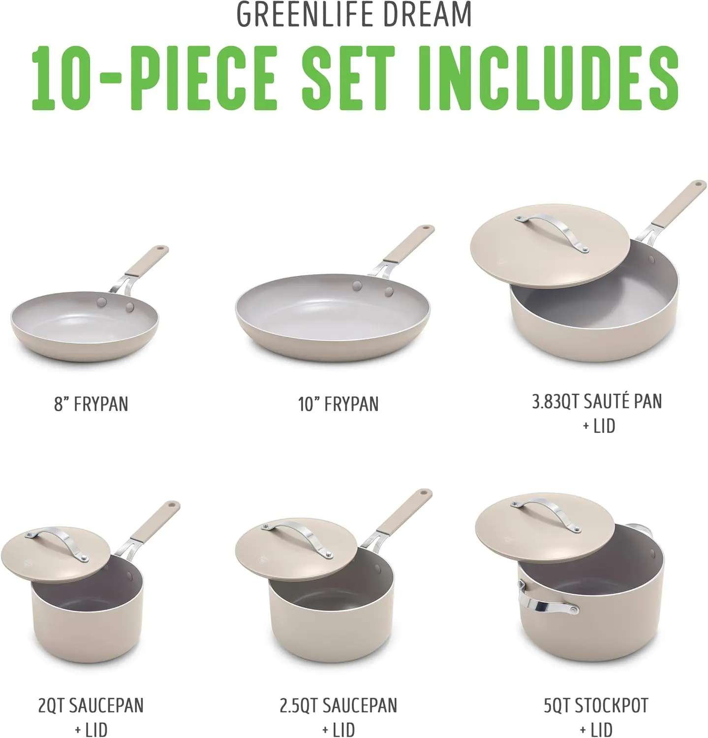GreenLife 10-Piece Ceramic Nonstick Cookware Set, Dishwasher & Oven Safe, Silicone Stay-Cool Handles, PFAS-Free Ceramic Coated Pots and Pans with Lids, Healthy Kitchen Cooking Set, Dream Taupe
