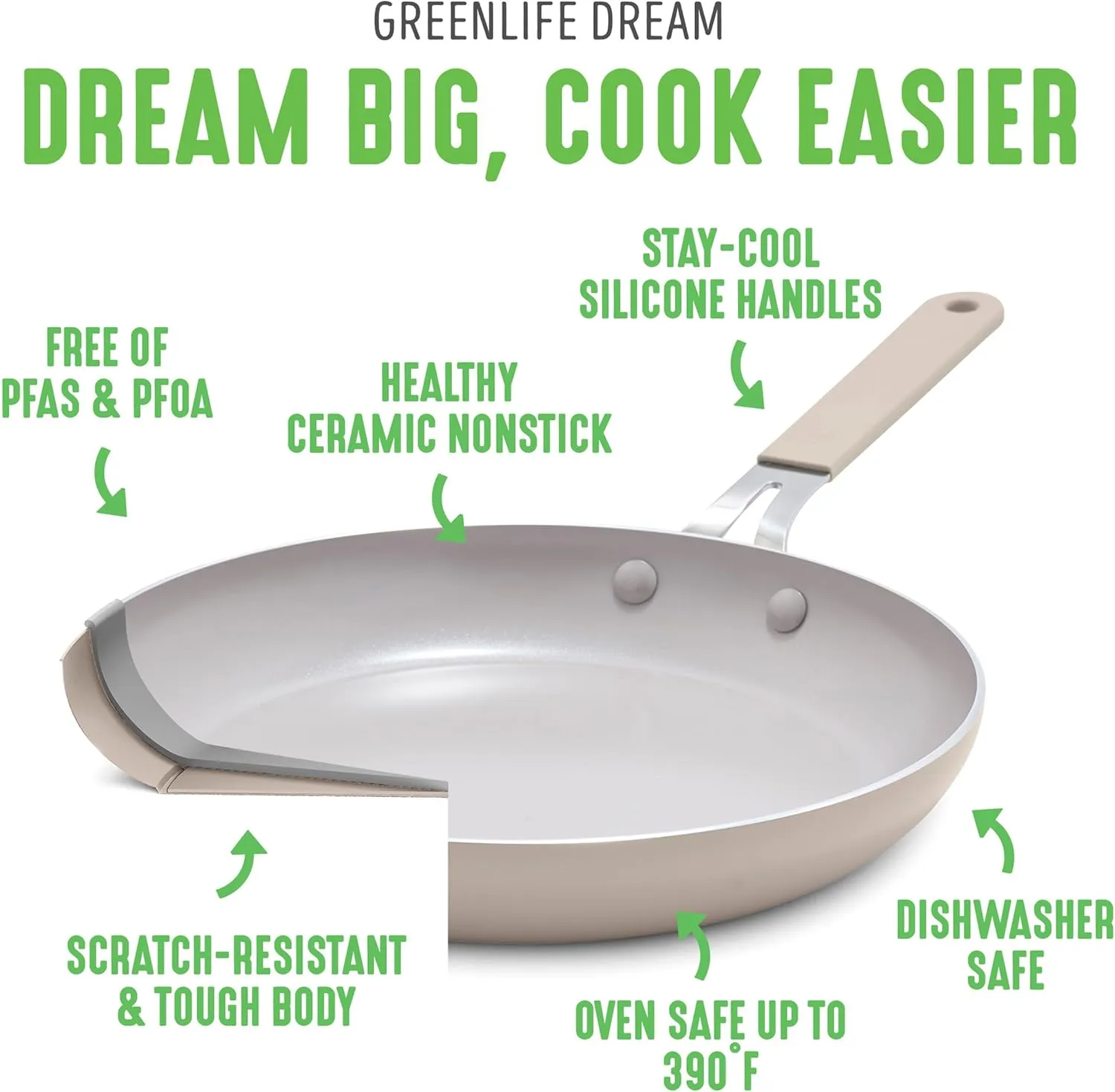 GreenLife 10-Piece Ceramic Nonstick Cookware Set, Dishwasher & Oven Safe, Silicone Stay-Cool Handles, PFAS-Free Ceramic Coated Pots and Pans with Lids, Healthy Kitchen Cooking Set, Dream Taupe
