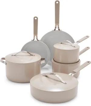 GreenLife 10-Piece Ceramic Nonstick Cookware Set, Dishwasher & Oven Safe, Silicone Stay-Cool Handles, PFAS-Free Ceramic Coated Pots and Pans with Lids, Healthy Kitchen Cooking Set, Dream Taupe