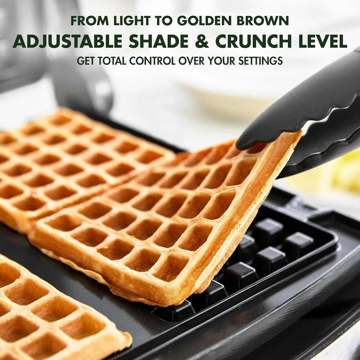 GreenPan Elite 4-Square Belgian & Classic Waffle Iron, Healthy Ceramic Nonstick Aluminum Dishwasher Safe Plates, Adjustable Shade/Crunch Control, Wont Overflow, Easy Cleanup Breakfast, PFAS-Free,Black