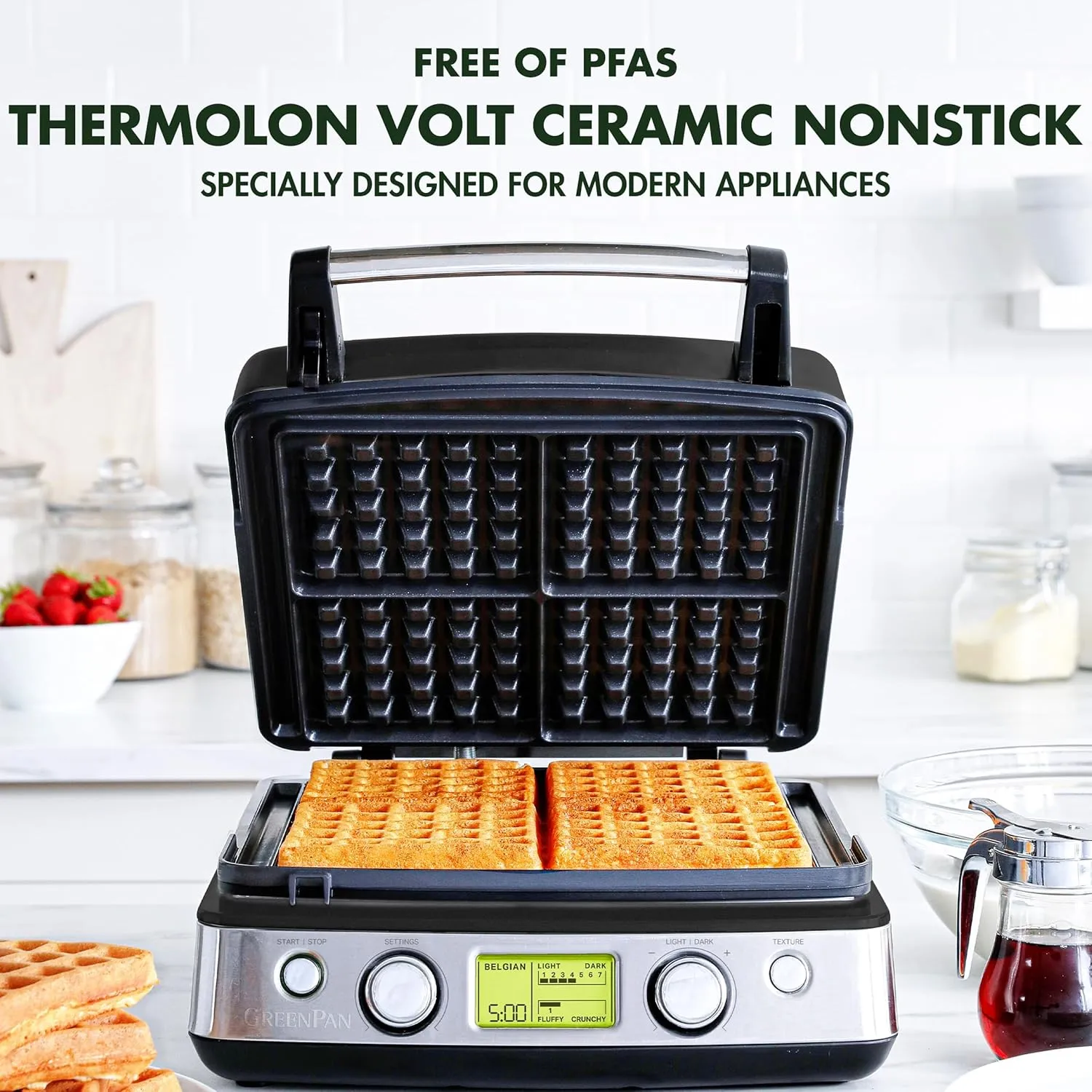 GreenPan Elite 4-Square Belgian & Classic Waffle Iron, Healthy Ceramic Nonstick Aluminum Dishwasher Safe Plates, Adjustable Shade/Crunch Control, Wont Overflow, Easy Cleanup Breakfast, PFAS-Free,Black