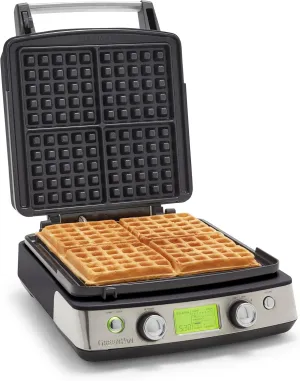 GreenPan Elite 4-Square Belgian & Classic Waffle Iron, Healthy Ceramic Nonstick Aluminum Dishwasher Safe Plates, Adjustable Shade/Crunch Control, Wont Overflow, Easy Cleanup Breakfast, PFAS-Free,Black