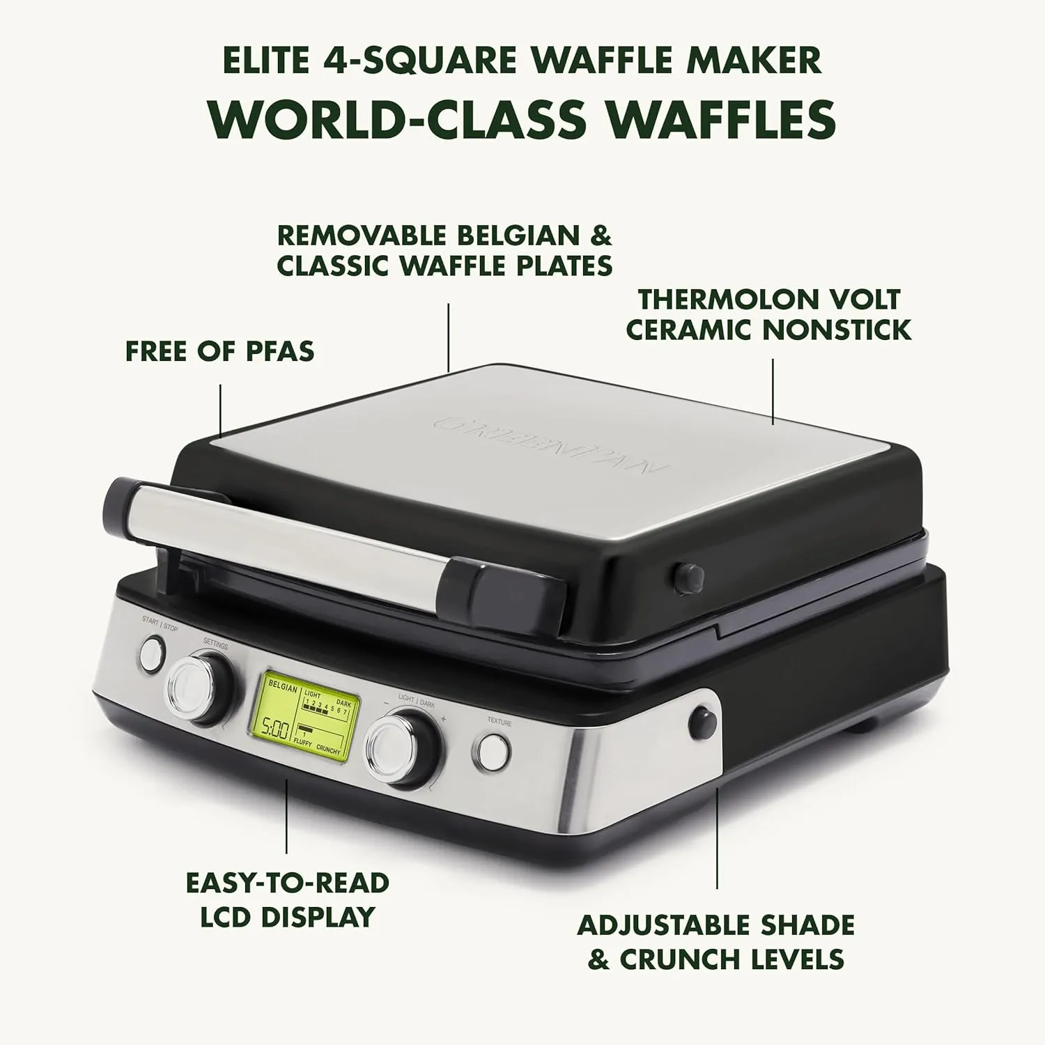 GreenPan Elite 4-Square Belgian & Classic Waffle Iron, Healthy Ceramic Nonstick Aluminum Dishwasher Safe Plates, Adjustable Shade/Crunch Control, Wont Overflow, Easy Cleanup Breakfast, PFAS-Free,Black