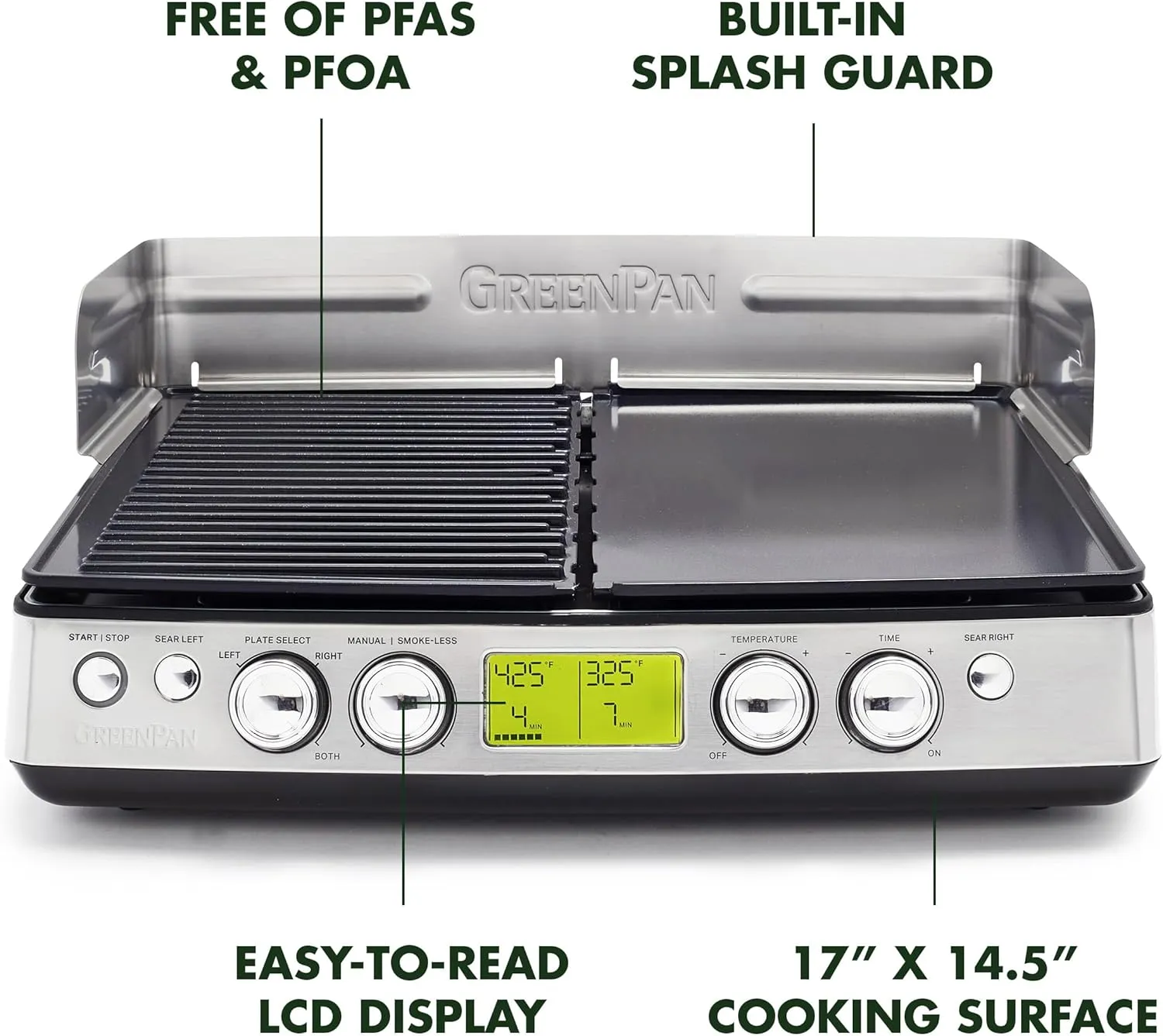 GreenPan Stainless Steel Elite XL Smoke-less Grill & Griddle, Healthy Ceramic Nonstick Interchangeable/Removeable Cast Aluminum Plates, Indoor BBQ Sear Sizzle, Splash Guard, Drip Tray, PFAS-Free