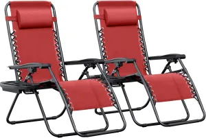Greesum Zero Gravity Chairs Set of 2 Adjustable Steel Mesh Recliners Beach Deck Lawn Camping Patio Foldable Lounge Chair with Cup Holder Trays and Pillows,Red