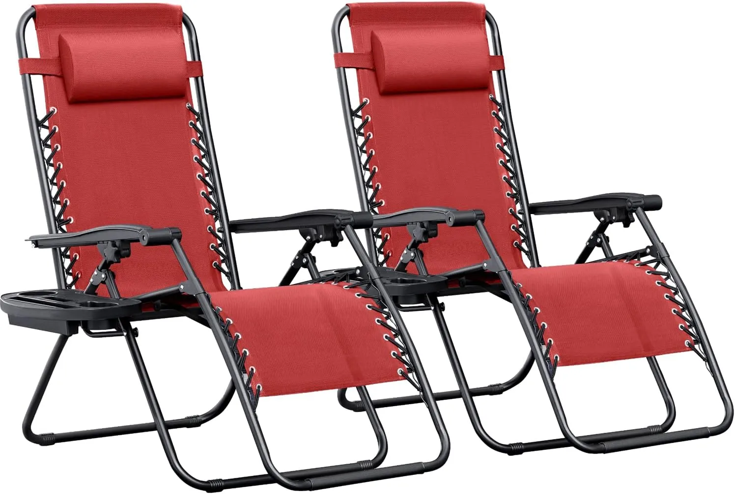 Greesum Zero Gravity Chairs Set of 2 Adjustable Steel Mesh Recliners Beach Deck Lawn Camping Patio Foldable Lounge Chair with Cup Holder Trays and Pillows,Red