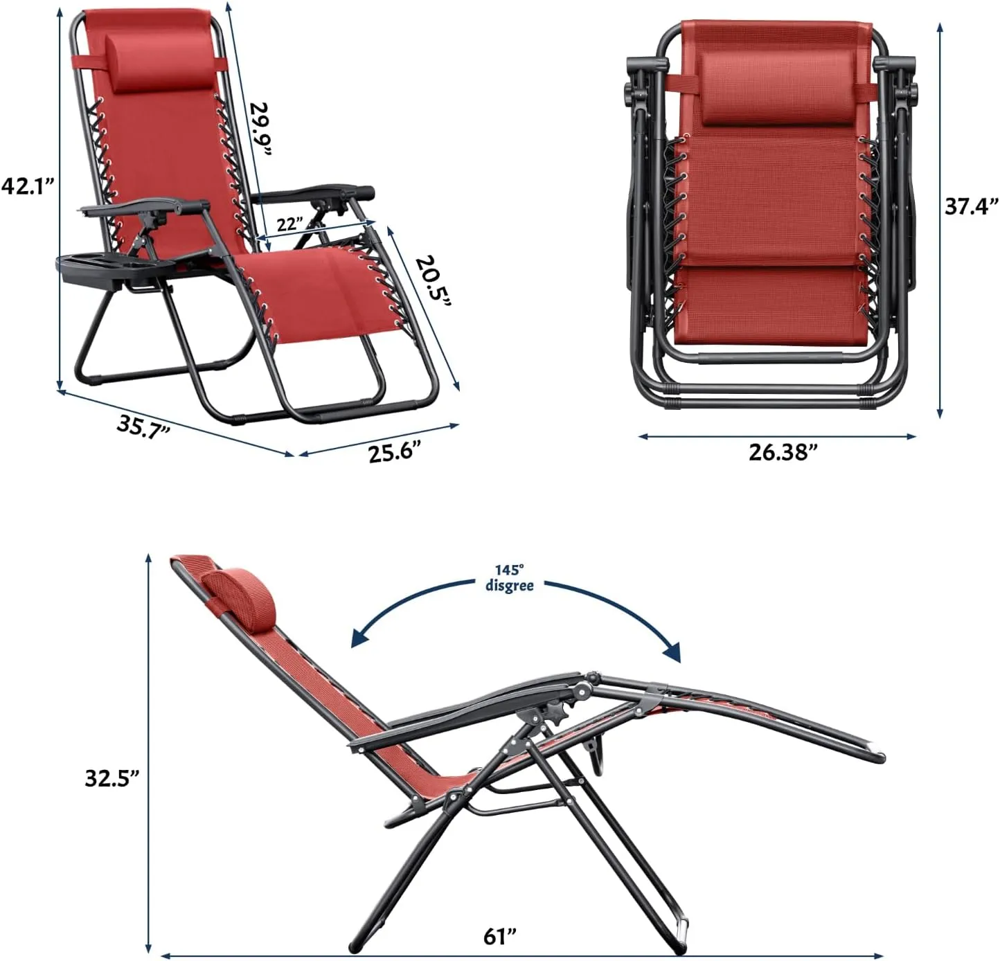 Greesum Zero Gravity Chairs Set of 2 Adjustable Steel Mesh Recliners Beach Deck Lawn Camping Patio Foldable Lounge Chair with Cup Holder Trays and Pillows,Red