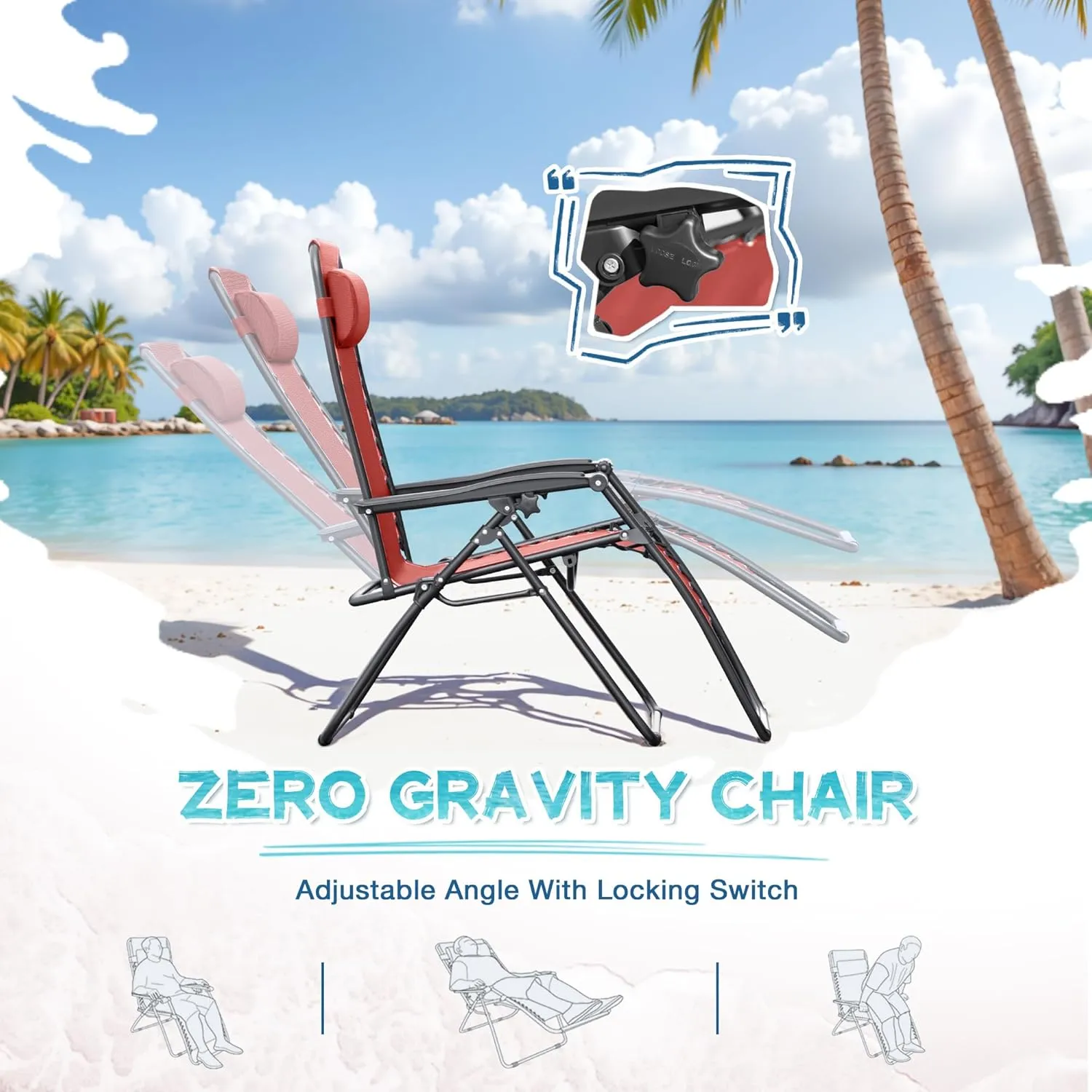 Greesum Zero Gravity Chairs Set of 2 Adjustable Steel Mesh Recliners Beach Deck Lawn Camping Patio Foldable Lounge Chair with Cup Holder Trays and Pillows,Red