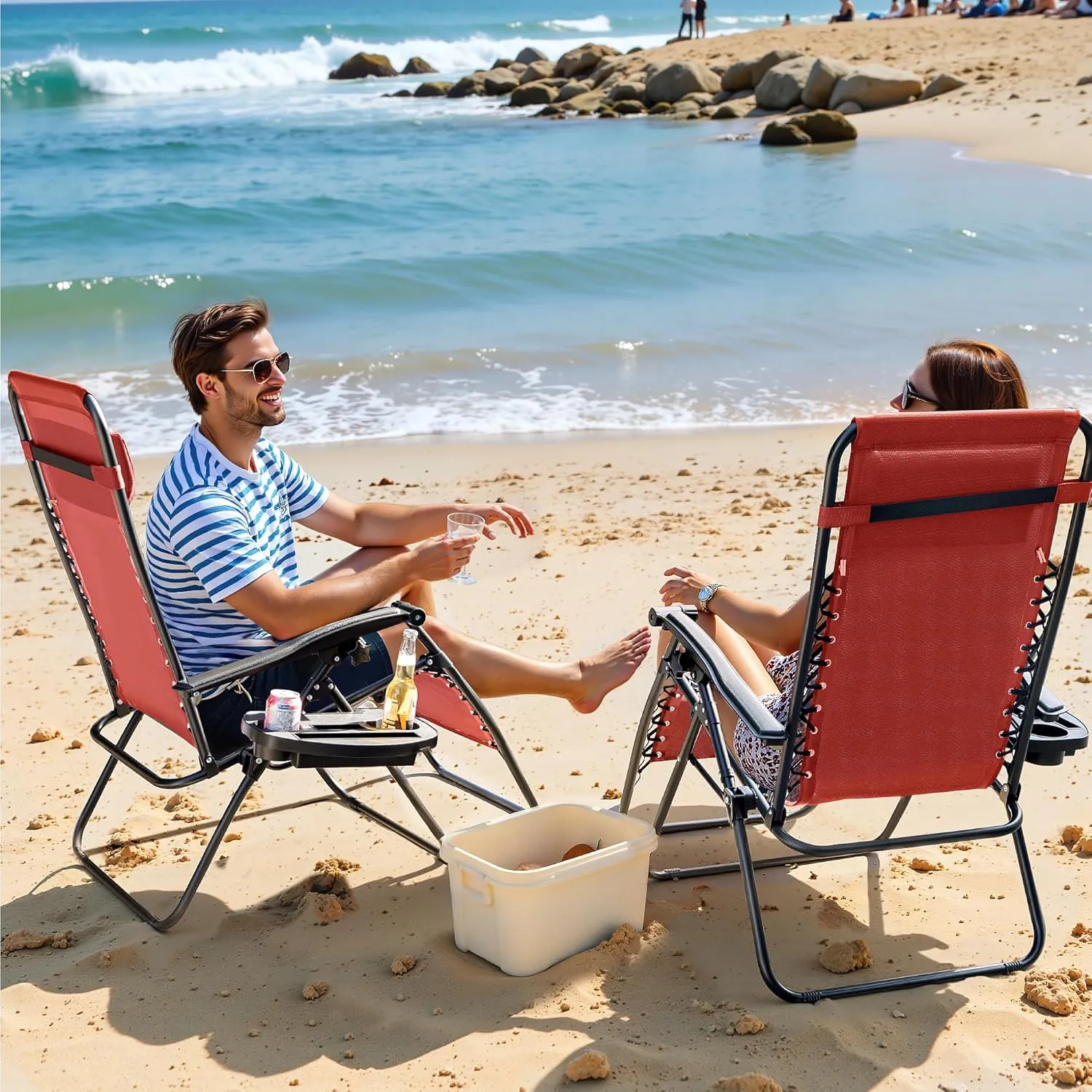 Greesum Zero Gravity Chairs Set of 2 Adjustable Steel Mesh Recliners Beach Deck Lawn Camping Patio Foldable Lounge Chair with Cup Holder Trays and Pillows,Red