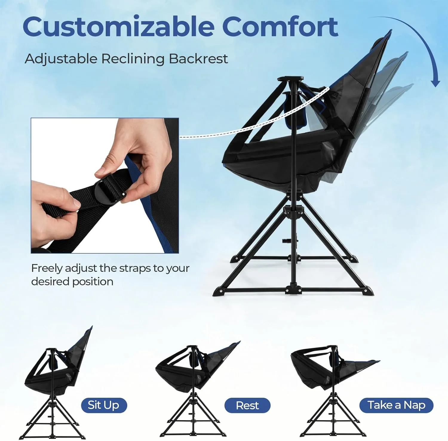 GYMAX Hammock Camping Chair, Folding Camp Chair with Detachable Footrest, Adjustable Backrest, Pillow, Cup Holder & Carrying Bag, Portable Rocking Camping Chairs for Beach Lawn Fishing (1, Black)