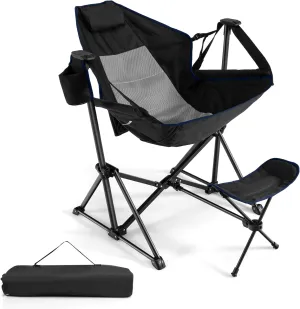 GYMAX Hammock Camping Chair, Folding Camp Chair with Detachable Footrest, Adjustable Backrest, Pillow, Cup Holder & Carrying Bag, Portable Rocking Camping Chairs for Beach Lawn Fishing (1, Black)