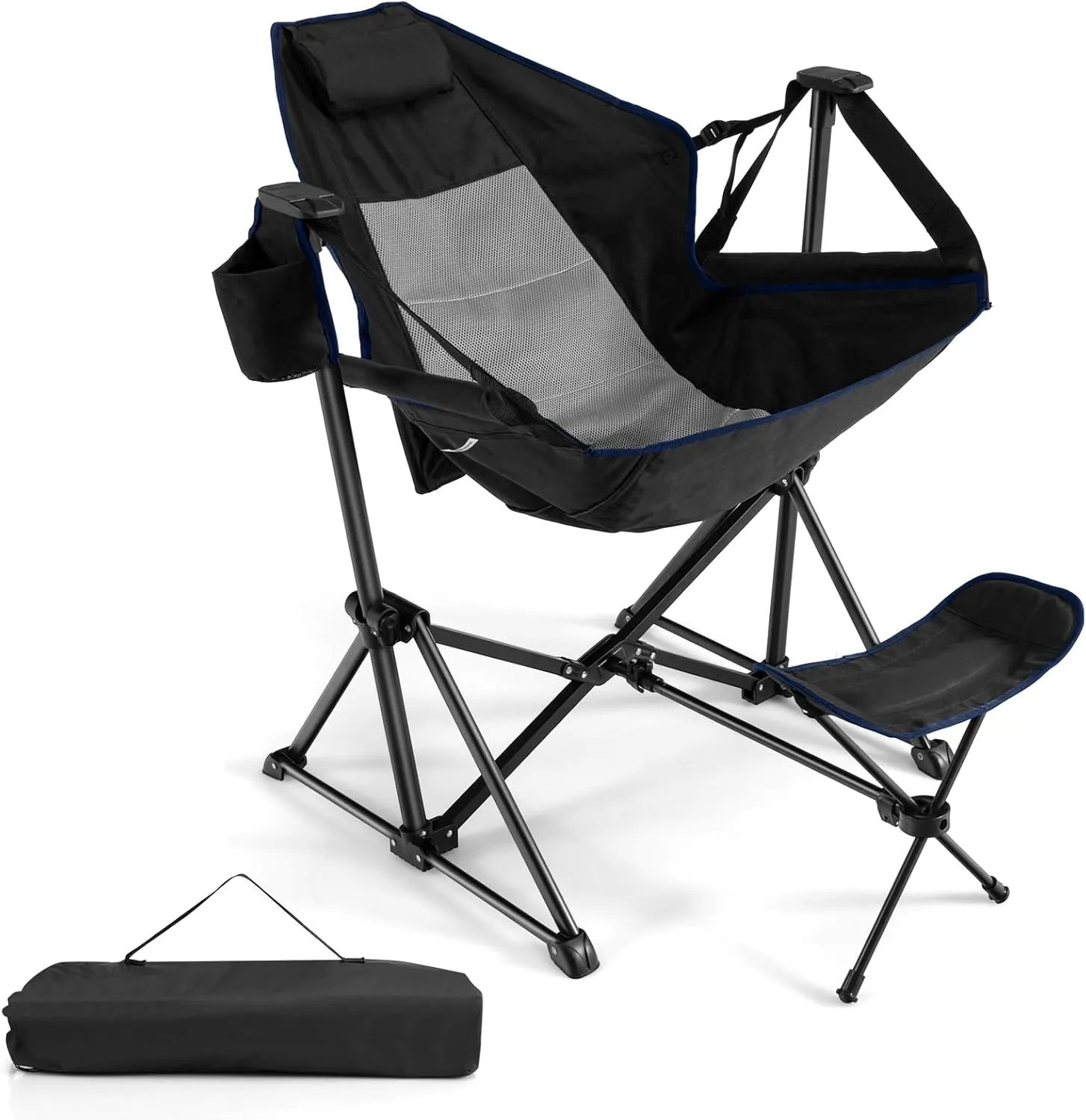 GYMAX Hammock Camping Chair, Folding Camp Chair with Detachable Footrest, Adjustable Backrest, Pillow, Cup Holder & Carrying Bag, Portable Rocking Camping Chairs for Beach Lawn Fishing (1, Black)