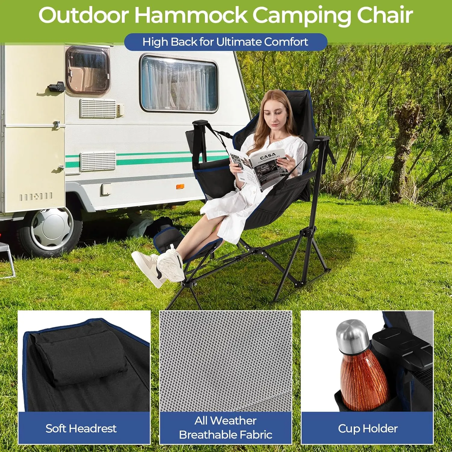 GYMAX Hammock Camping Chair, Folding Camp Chair with Detachable Footrest, Adjustable Backrest, Pillow, Cup Holder & Carrying Bag, Portable Rocking Camping Chairs for Beach Lawn Fishing (1, Black)