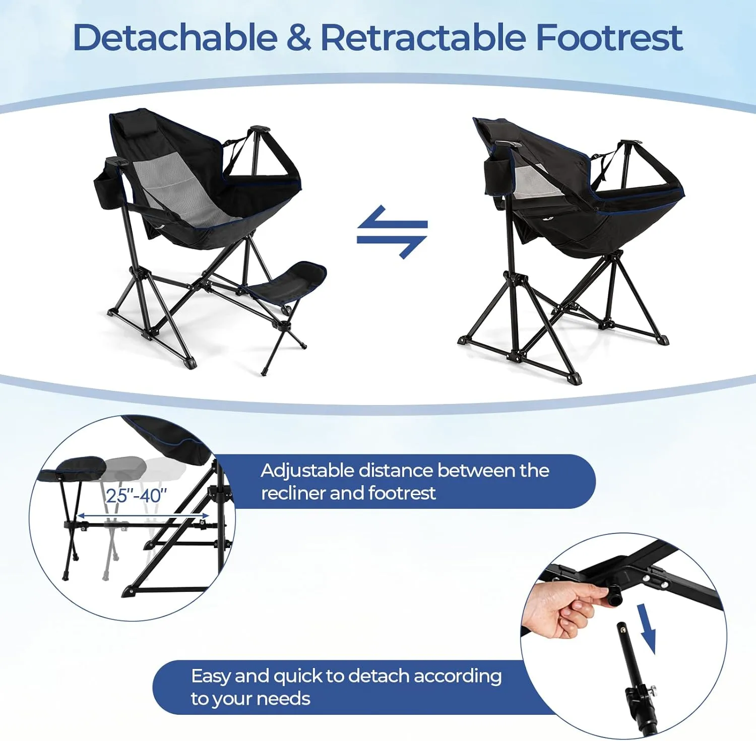 GYMAX Hammock Camping Chair, Folding Camp Chair with Detachable Footrest, Adjustable Backrest, Pillow, Cup Holder & Carrying Bag, Portable Rocking Camping Chairs for Beach Lawn Fishing (1, Black)