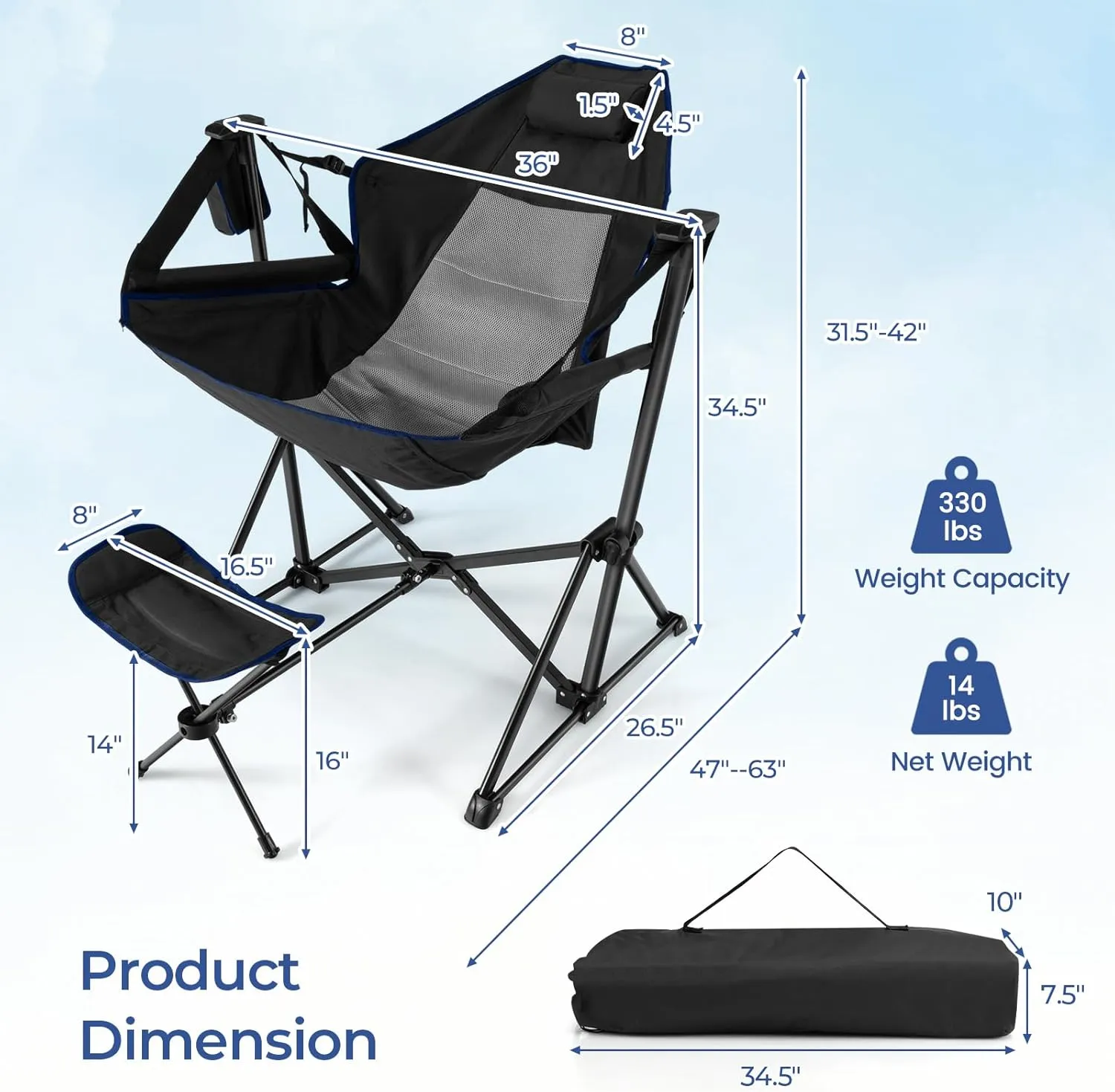 GYMAX Hammock Camping Chair, Folding Camp Chair with Detachable Footrest, Adjustable Backrest, Pillow, Cup Holder & Carrying Bag, Portable Rocking Camping Chairs for Beach Lawn Fishing (1, Black)