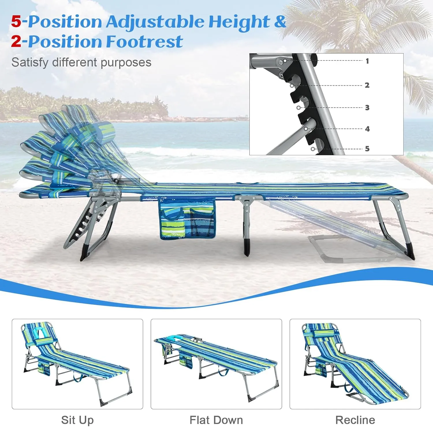 GYMAX Tanning Chair, Folding Lounger with Face/Arm Holes, Carry Handles & Side Pocket, Portable Lightweight Layout Beach Chair for Outdoor/Indoor, Face Down Sun Lounger (1, Blue Stripe)