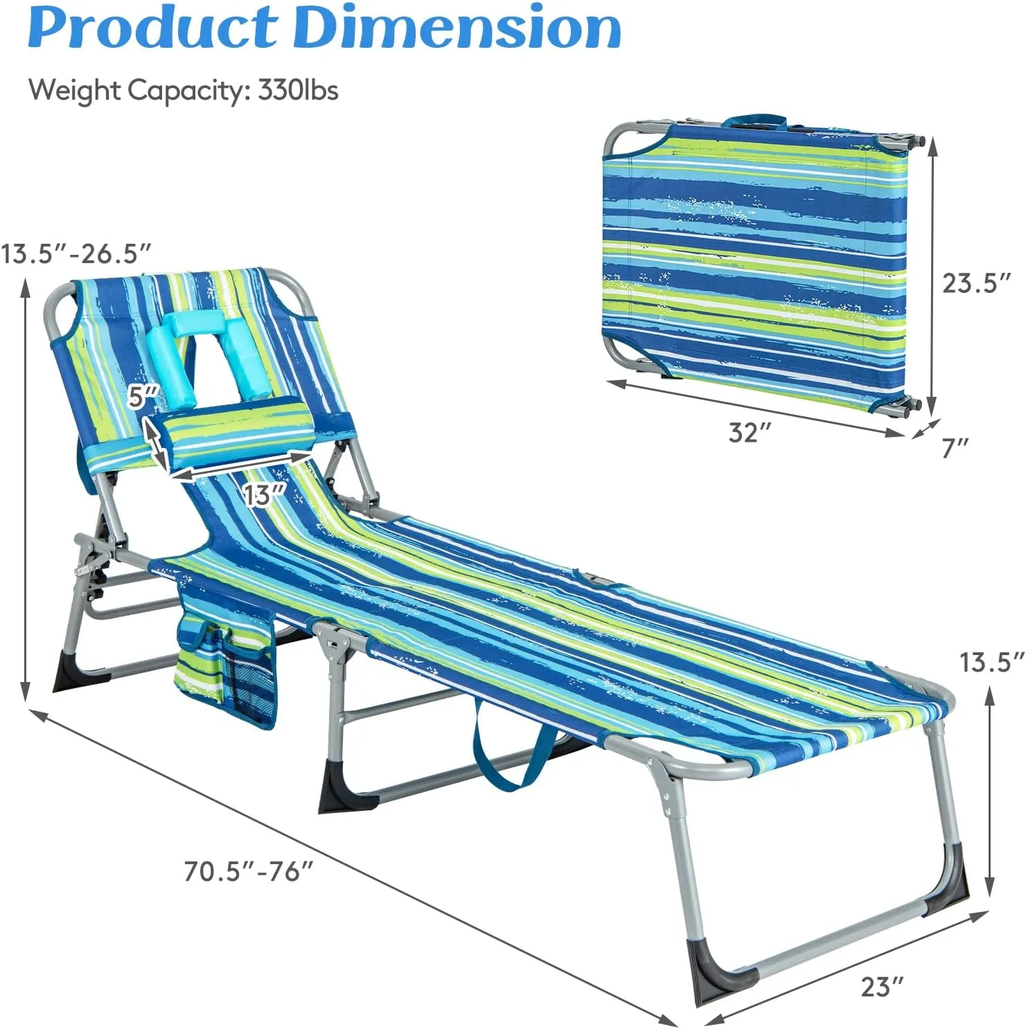GYMAX Tanning Chair, Folding Lounger with Face/Arm Holes, Carry Handles & Side Pocket, Portable Lightweight Layout Beach Chair for Outdoor/Indoor, Face Down Sun Lounger (1, Blue Stripe)