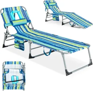 GYMAX Tanning Chair, Folding Lounger with Face/Arm Holes, Carry Handles & Side Pocket, Portable Lightweight Layout Beach Chair for Outdoor/Indoor, Face Down Sun Lounger (1, Blue Stripe)
