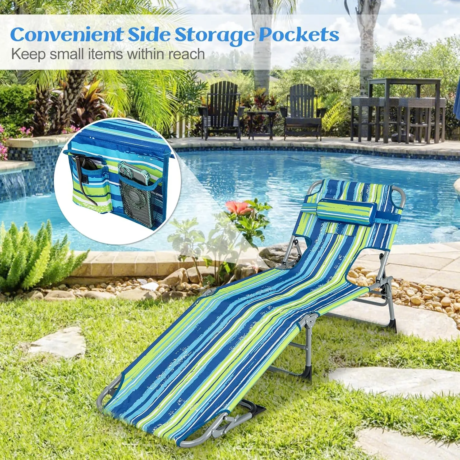 GYMAX Tanning Chair, Folding Lounger with Face/Arm Holes, Carry Handles & Side Pocket, Portable Lightweight Layout Beach Chair for Outdoor/Indoor, Face Down Sun Lounger (1, Blue Stripe)