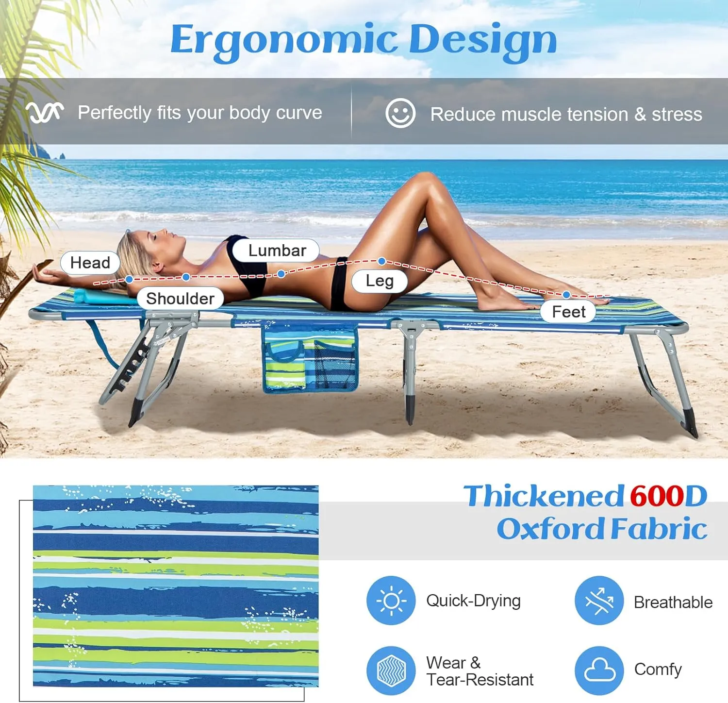 GYMAX Tanning Chair, Folding Lounger with Face/Arm Holes, Carry Handles & Side Pocket, Portable Lightweight Layout Beach Chair for Outdoor/Indoor, Face Down Sun Lounger (1, Blue Stripe)