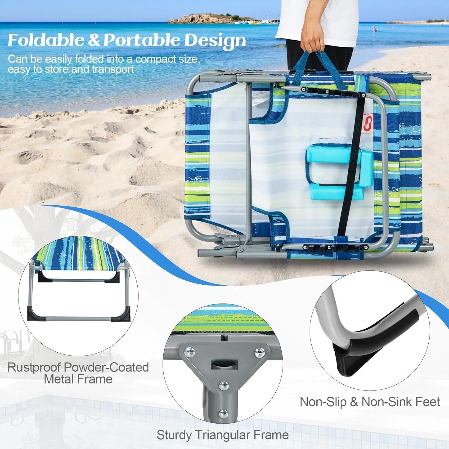GYMAX Tanning Chair, Folding Lounger with Face/Arm Holes, Carry Handles & Side Pocket, Portable Lightweight Layout Beach Chair for Outdoor/Indoor, Face Down Sun Lounger (1, Blue Stripe)