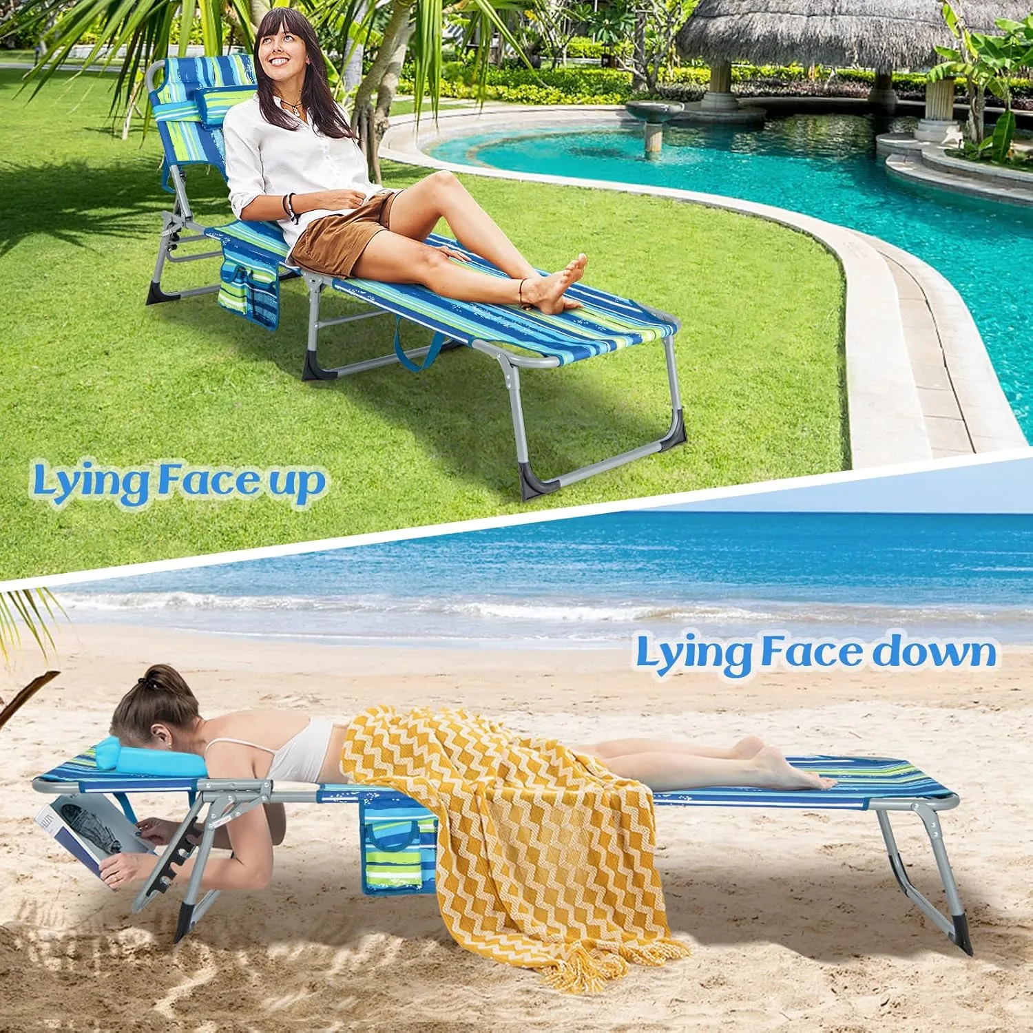 GYMAX Tanning Chair, Folding Lounger with Face/Arm Holes, Carry Handles & Side Pocket, Portable Lightweight Layout Beach Chair for Outdoor/Indoor, Face Down Sun Lounger (1, Blue Stripe)