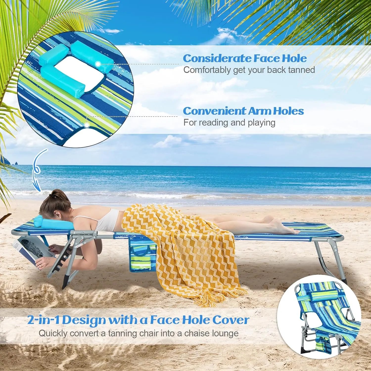 GYMAX Tanning Chair, Folding Lounger with Face/Arm Holes, Carry Handles & Side Pocket, Portable Lightweight Layout Beach Chair for Outdoor/Indoor, Face Down Sun Lounger (1, Blue Stripe)