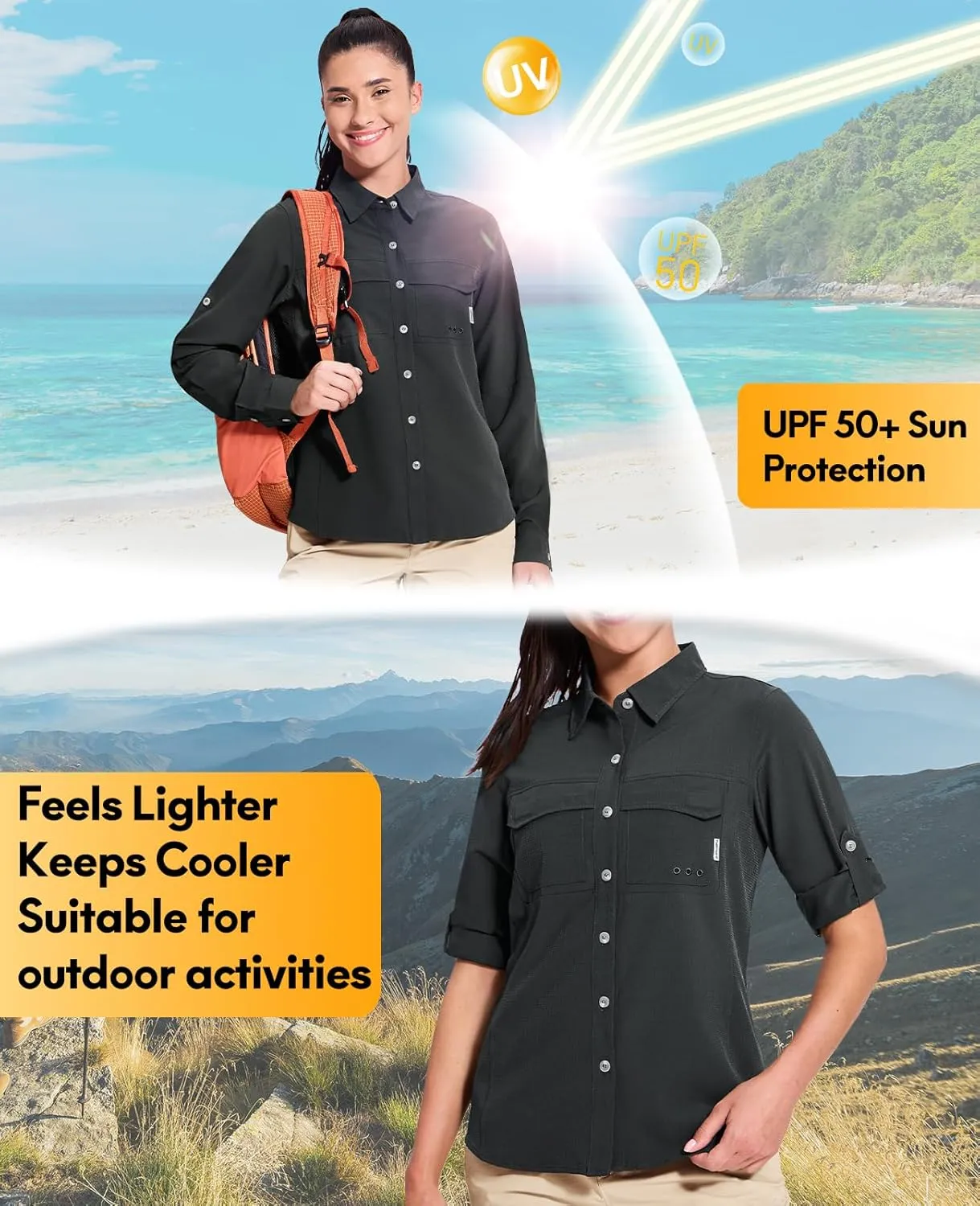 Haimont Women's Travel Hiking Fishing Button Down Shirt, UPF 50  UV Long Sleeve Sun Shirts for Outdoor Camping Sailing
