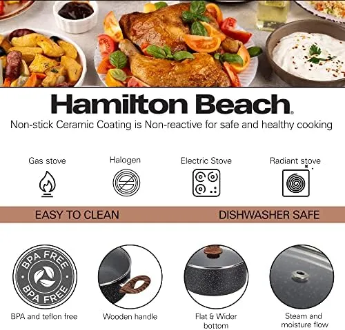 Hamilton Beach 5 Quart Nonstick Marble Coating Even Heating Round Dutch Oven Pot with Glass Lid and Wooden Like Soft Touch Handle, Dutch Oven Pot, Braising, Roasting