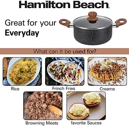 Hamilton Beach 5 Quart Nonstick Marble Coating Even Heating Round Dutch Oven Pot with Glass Lid and Wooden Like Soft Touch Handle, Dutch Oven Pot, Braising, Roasting