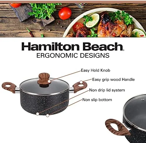 Hamilton Beach 5 Quart Nonstick Marble Coating Even Heating Round Dutch Oven Pot with Glass Lid and Wooden Like Soft Touch Handle, Dutch Oven Pot, Braising, Roasting