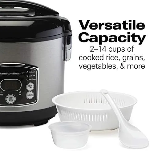 Hamilton Beach Digital Programmable Rice Cooker & Food Steamer, 14 Cups Cooked (7 Uncooked) With Steam & Rinse Basket, Stainless Steel (37548)