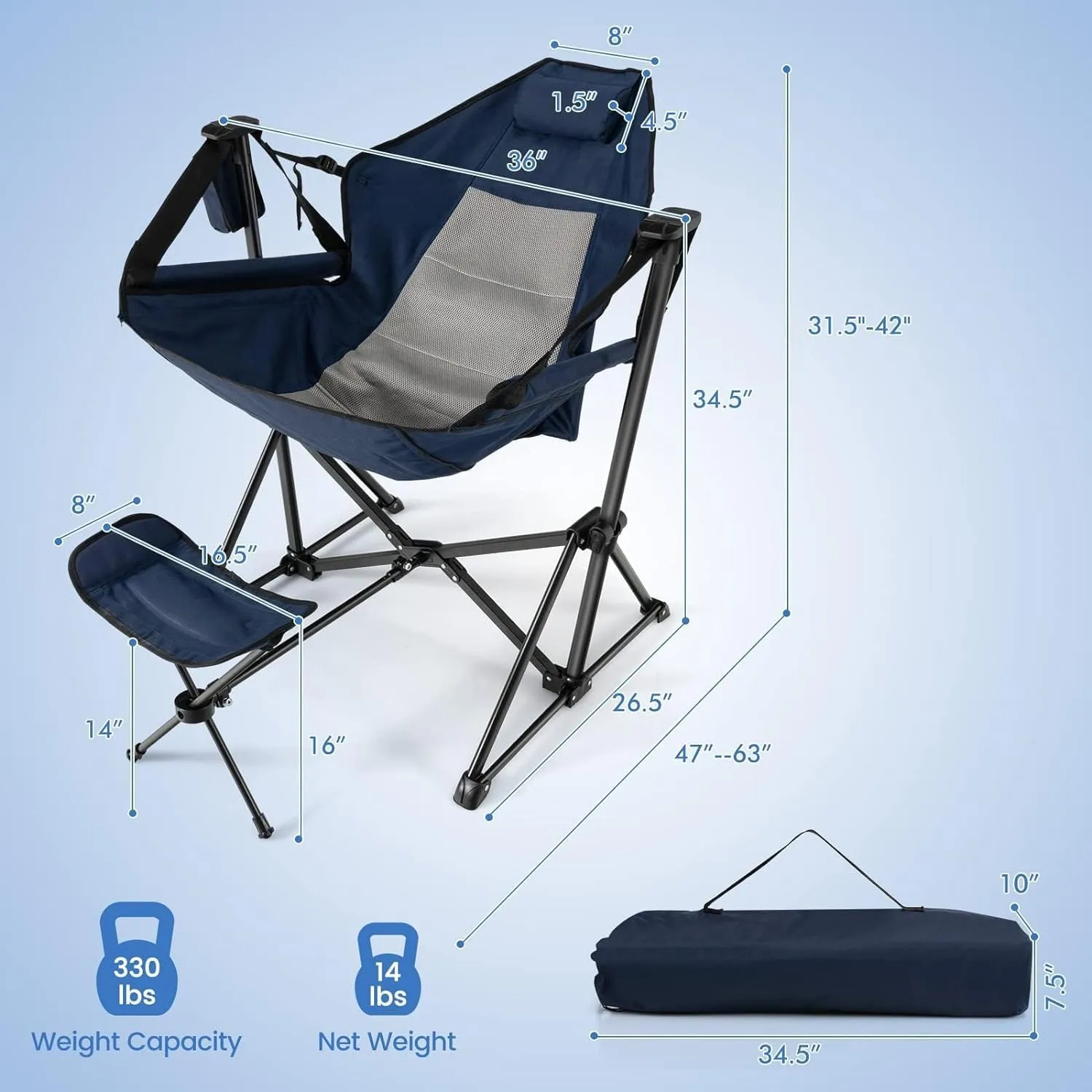 HAPPYGRILL 2-Pack Hammock Camping Chair, Outdoor Folding Swinging Chair with Retractable Footrest, Head Pillow, Carrying Bag Included, Portable Lightweight Rocking Chair for Camping Fishing Picnic